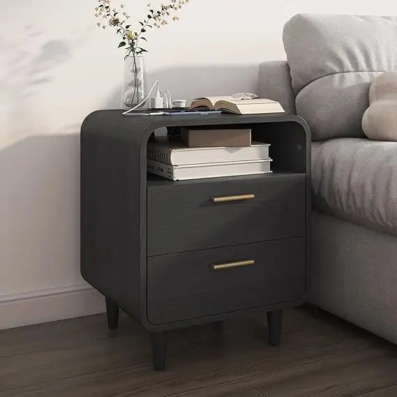Meridian Collection | Tapered-Leg Walnut Charging Nightstand - showcasing full sculptural form and curated finish in a Mid-Century Modern bedroom setting.