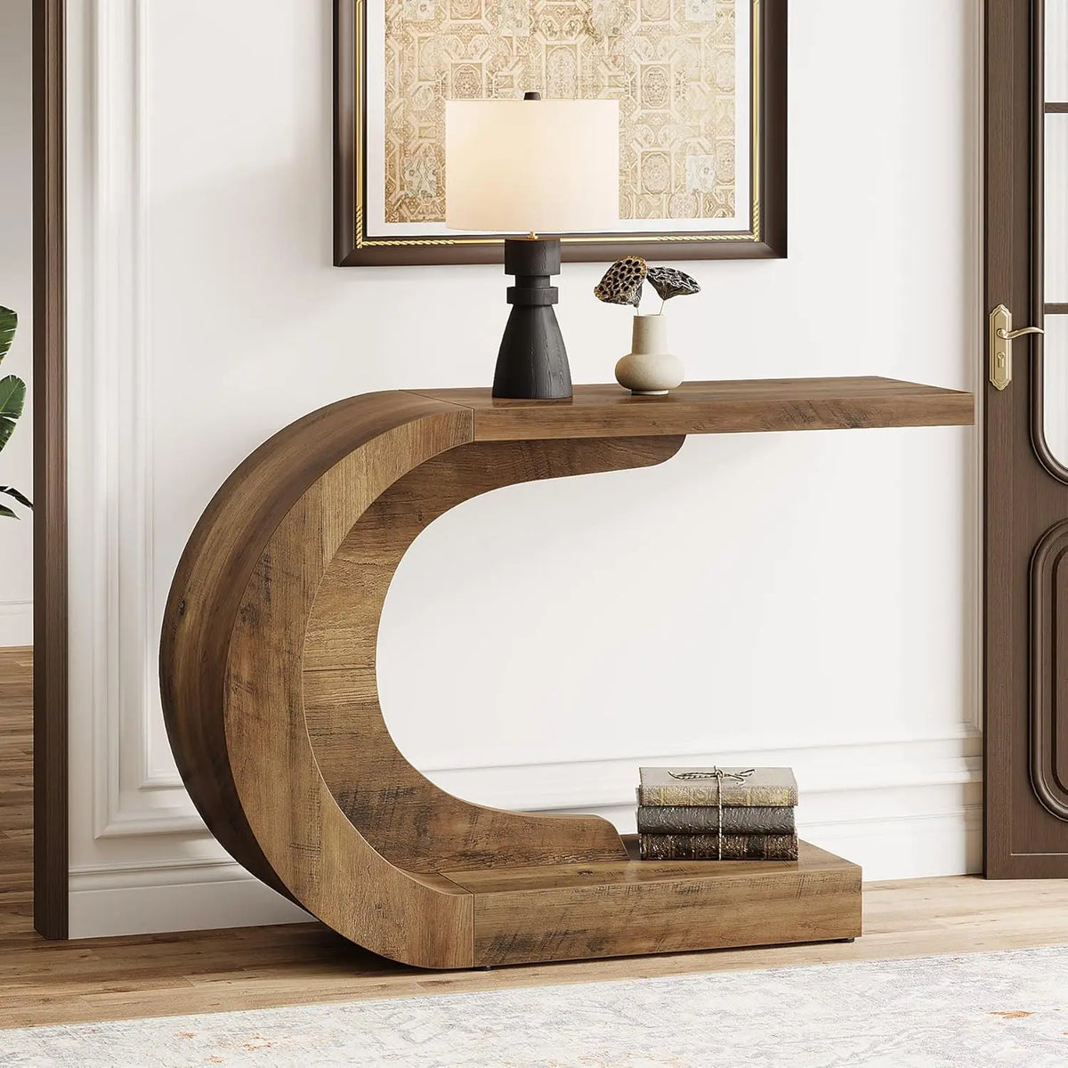 Dresden Collection | Sculptural C-Frame Walnut Console - captured in a curated lifestyle vignette in a Mid-Century Modern entryway setting.