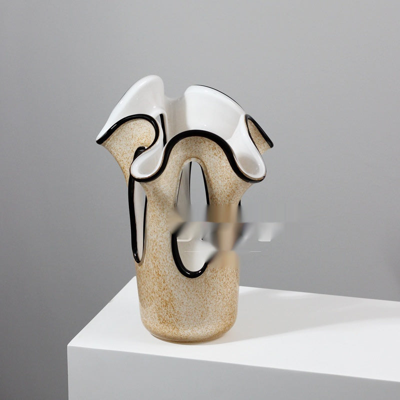 Elegant Petal-Shaped Light Brown Vase with Black Edging