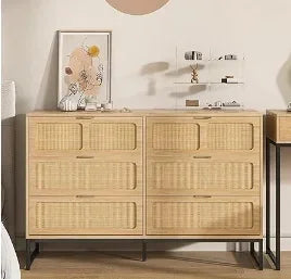 Belmont Collection | Tapered-Leg Brass-Accented Walnut Six-Drawer Dresser - showcasing form and function in daily use context in a Mid-Century Modern bedroom setting.