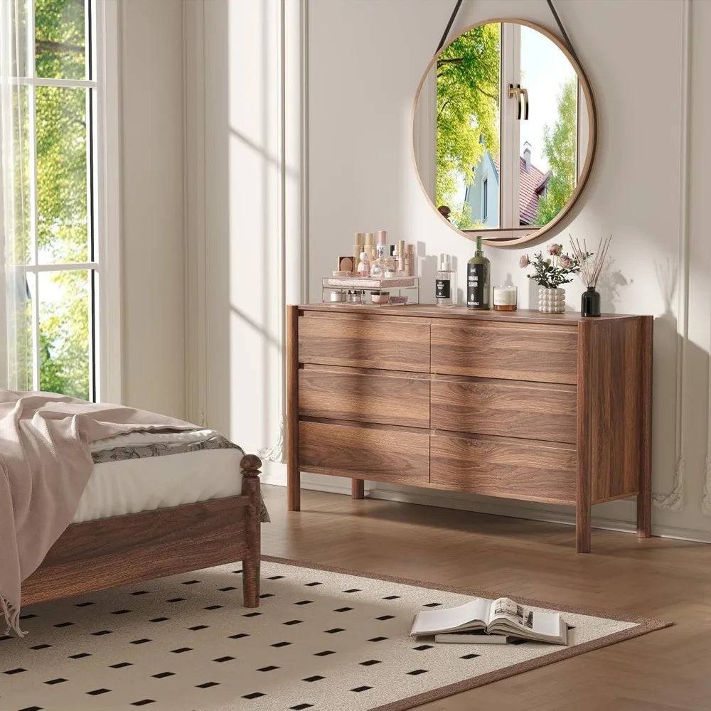 Belmont Collection | Tapered-Leg Desert-Modern Walnut 6-Drawer Dresser - styled from an alternate angle revealing dimensional depth in a Mid-Century Modern bedroom setting.