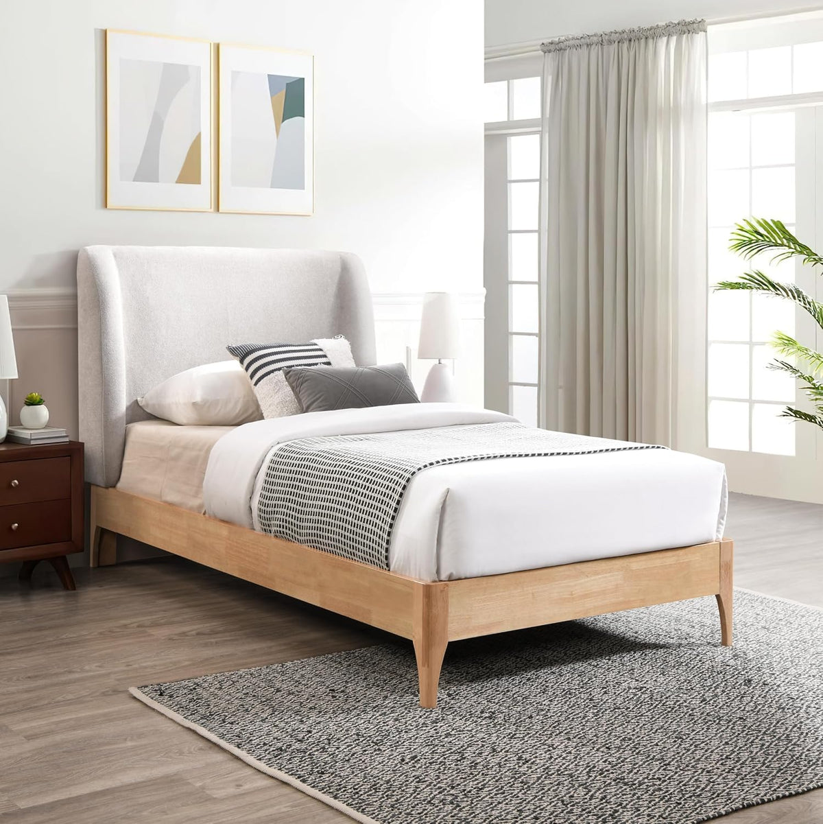Meridian Furniture Venturagrey-T Ventura Collection Mid-Century Modern Upholstered Twin Bed, Soft Grey Fabric, Finished Rubberwood Legs, Slats, 44" W X 77.5" D X 44.5" H, Grey, Twin