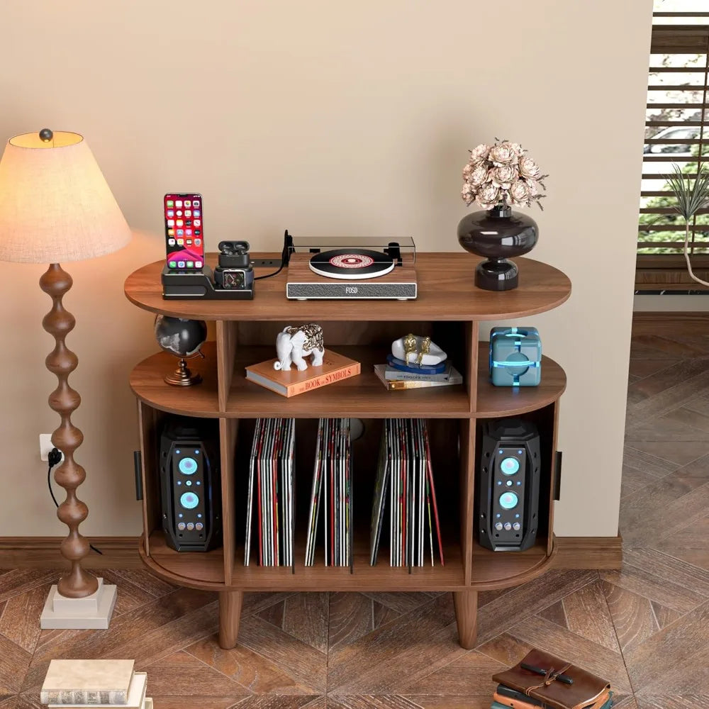 Dresden Collection | Brass-Accented Atomic-Era Walnut Record Console - presented at scale within a designed interior in a Mid-Century Modern entryway setting.