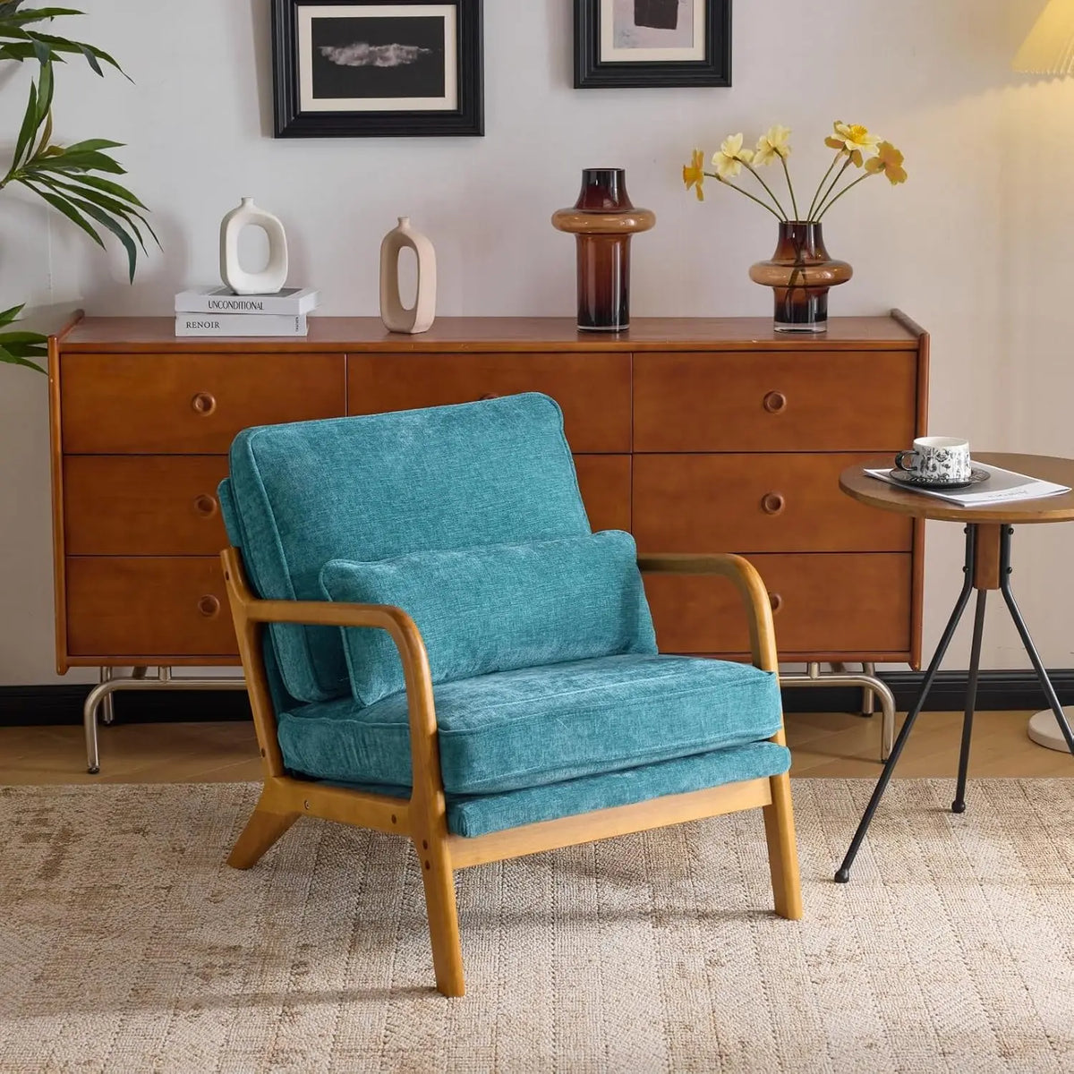 Valencia Collection | Sculptural Desert-Modern Chenille Accent Chair - detail view 14 revealing design nuance in a Mid-Century Modern living room setting.