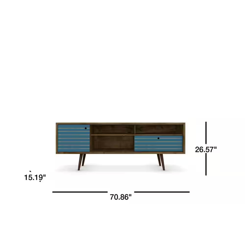 Liberty 70.86 In. Rustic Brown and Aqua Blue TV Stand Fits Tvs up to 65 In. with Storage Doors and Cable Management