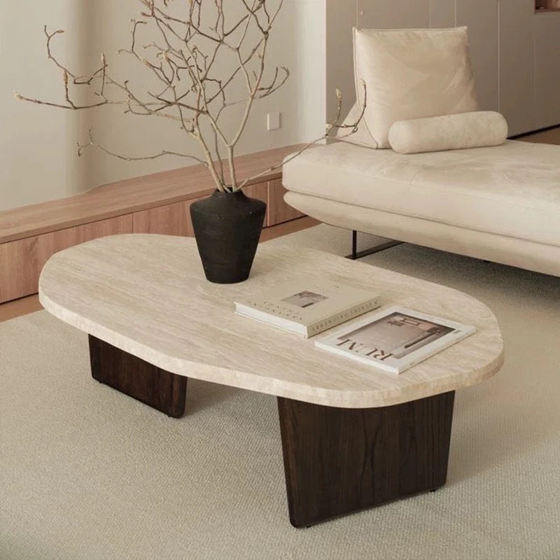 Meridian Collection | Tapered-Leg Oval Walnut Oval Coffee Table - showcasing form and function in daily use context in a Mid-Century Modern living room setting.
