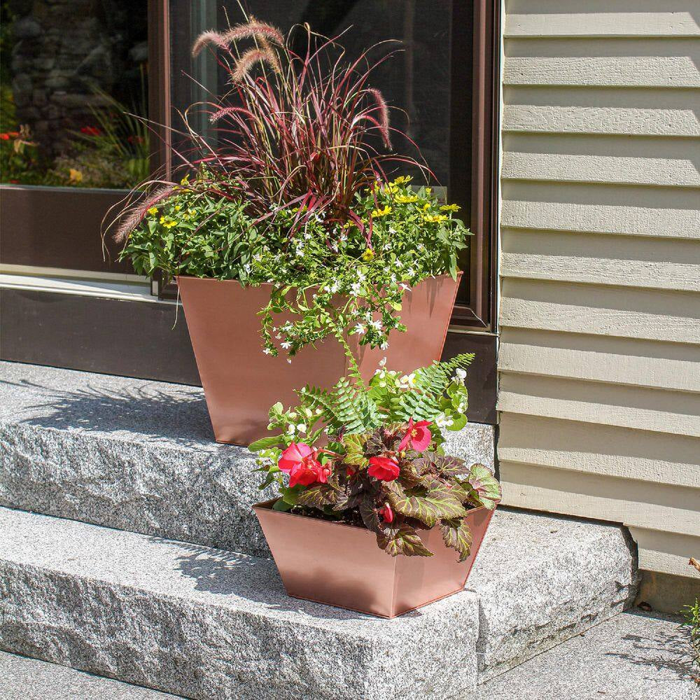 6.3" W Square Copper Plated Galvanized Steel Flower Box, Indoor Outdoor Use, Planter, Garden Accent