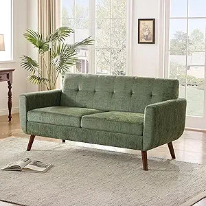 Ellington Collection | Panoramic Tapered-Leg Walnut Loveseat - framed in an editorial still-life composition in a Mid-Century Modern living room setting.