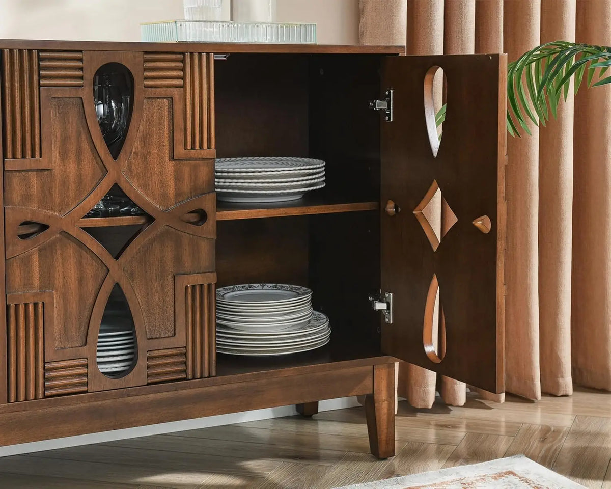 Astoria Collection | Minimalist Brass-Accented Walnut Sideboard - highlighting material texture and craftsmanship detail in a Mid-Century Modern living room setting.