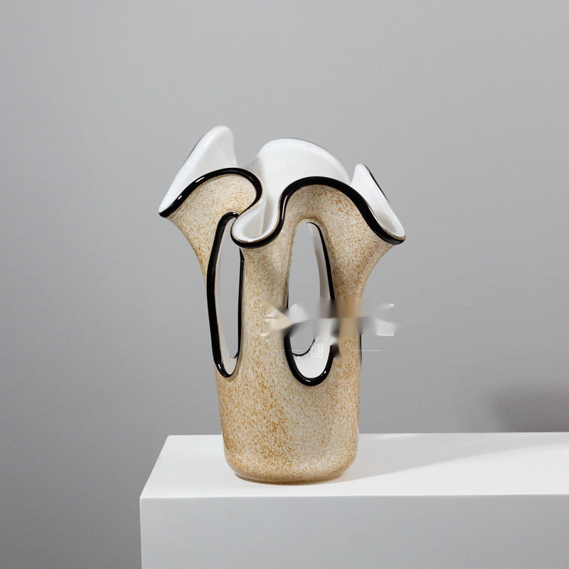 Elegant Petal-Shaped Light Brown Vase with Black Edging