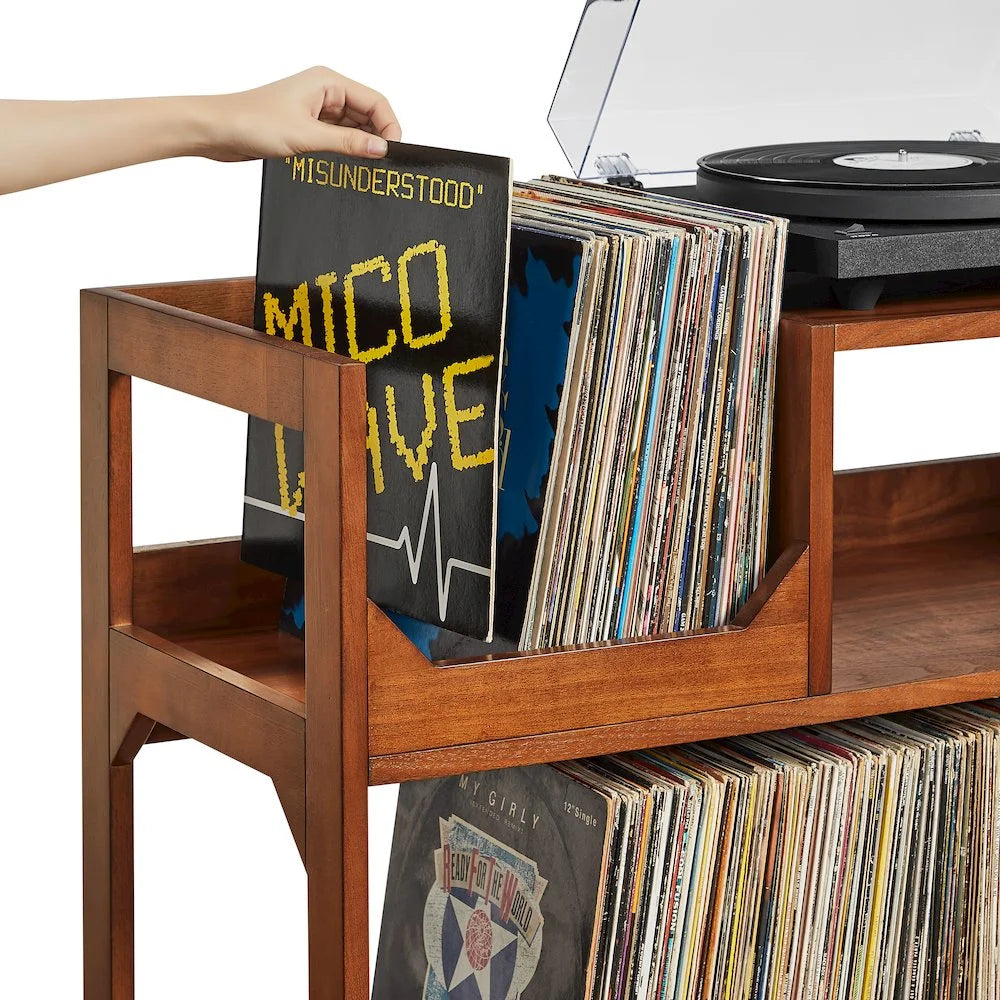 Asheville Mid-Century Modern Media Console Record Player Stand, Storage for Vinyl Records