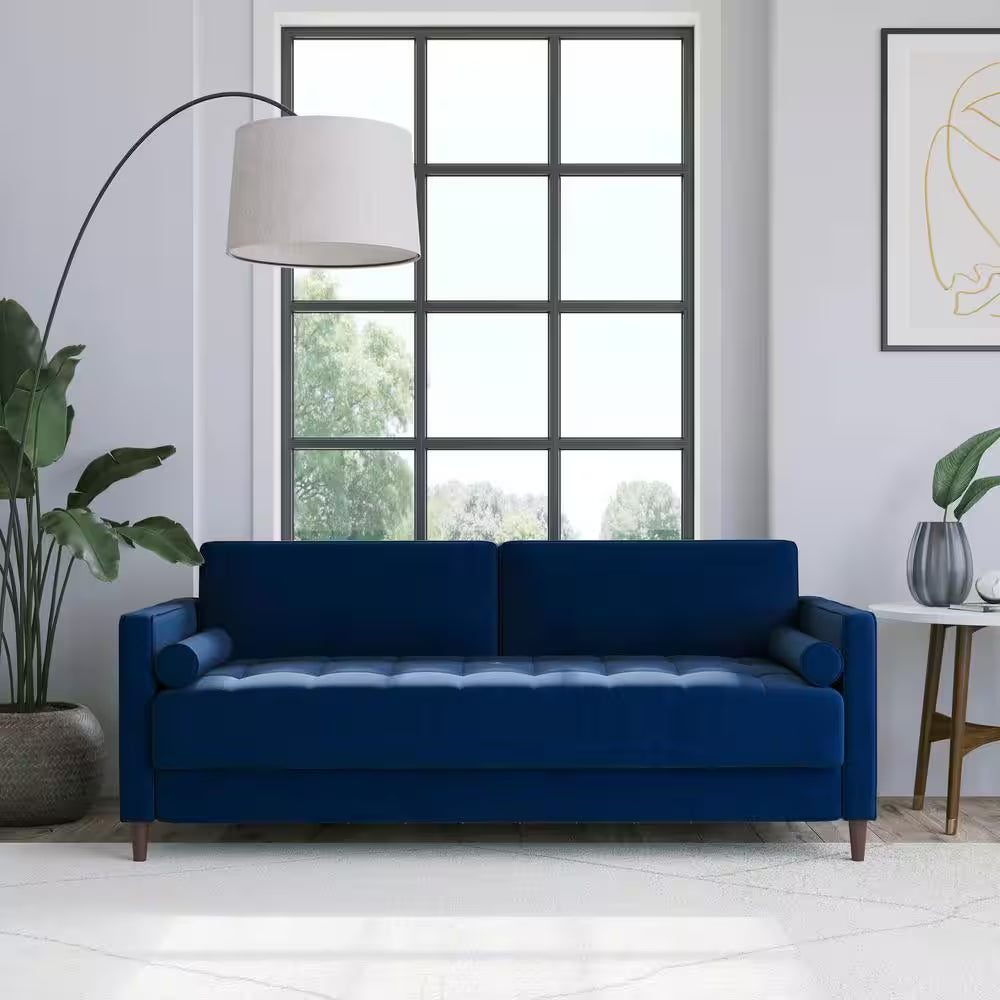 Lillith 75.6 In. Square Arm Polyester Mid- Century Modern Rectangle Sofa in Navy Blue