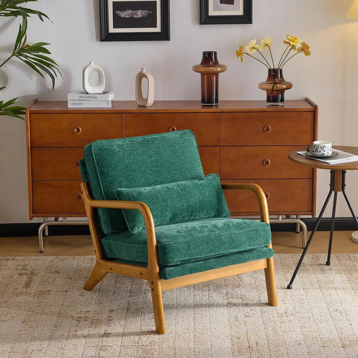 Valencia Collection | Sculptural Desert-Modern Chenille Accent Chair - detail view 17 revealing design nuance in a Mid-Century Modern living room setting.