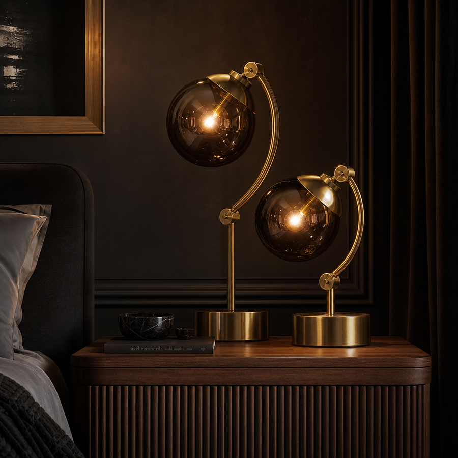 Astoria Collection | Sculptural Glass-Topped Smoke & Brass Orbital Sconce - showcasing full sculptural form and material finish in a Mid-Century Modern living room setting.
