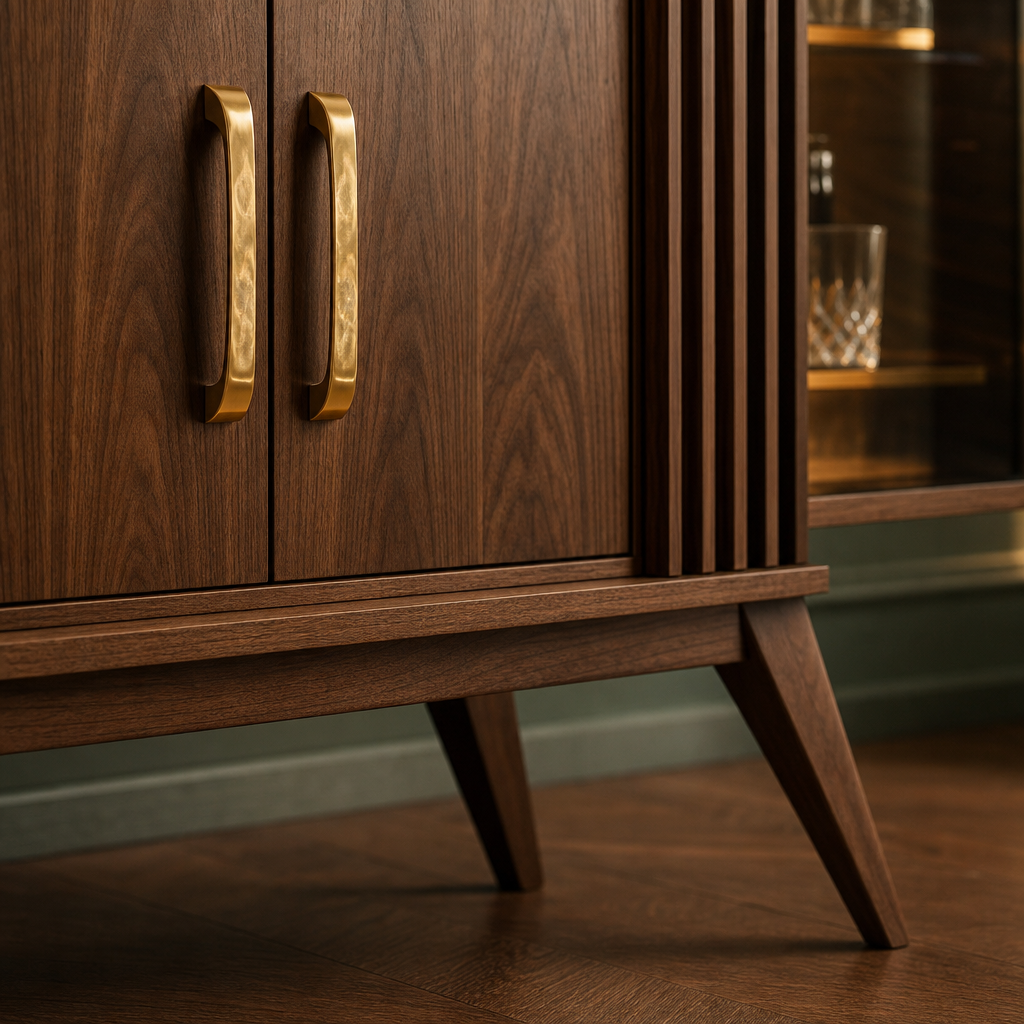 Fontaine Collection | Brass-Accented Atomic-Era Walnut Burl & Brass - styled from an alternate angle revealing dimensional depth in a Mid-Century Modern living room setting.