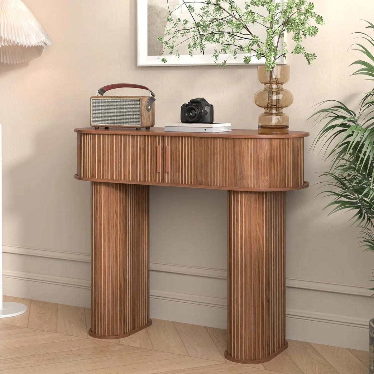 Fontaine Collection | Tapered-Leg Gold-Trimmed Walnut Round Console - featuring close-up joinery and artisanal finish quality in a Mid-Century Modern entryway setting.