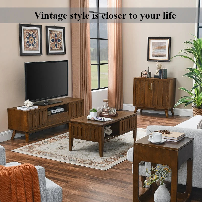 Fontaine Collection | Geometric Brass-Accented Walnut Cabinet - captured in a curated lifestyle vignette in a Mid-Century Modern living room setting.