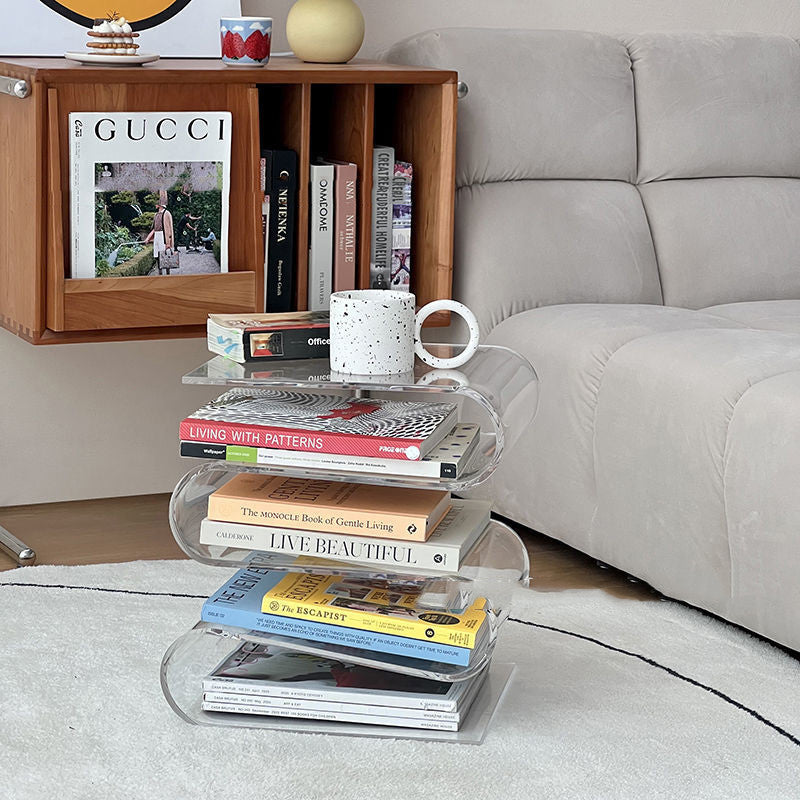 Belmont Collection | Sculptural Atomic-Era Lucite Display Tower - highlighting material texture and craftsmanship detail in a Mid-Century Modern living room setting.