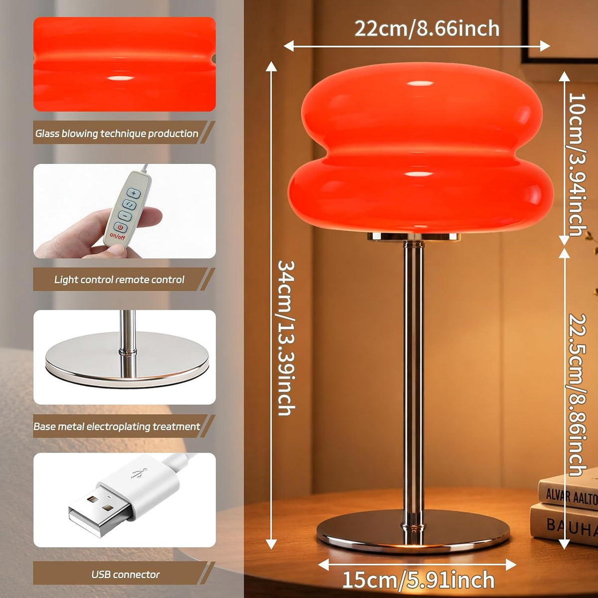 Bedroom Mushroom Lamp, Medieval Modern Bedside Table Lamp, Dimmable Retro Egg Tart Headlight, Unique Home Mushroom Decoration Aesthetic Lovely Living Room Desk Lamp (Red)