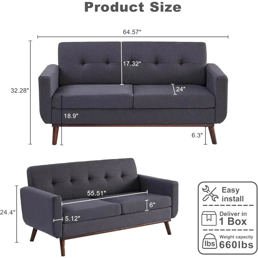 Fontaine Collection | Tapered-Leg Curved Walnut & Bouclé Loveseat - styled from an alternate angle revealing dimensional depth in a Mid-Century Modern living room setting.
