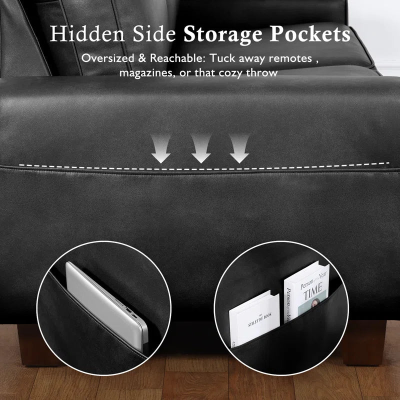 Gilmar 89" Upholstered Vegan Leather Sofa with Square Arms and Storage Pockets
