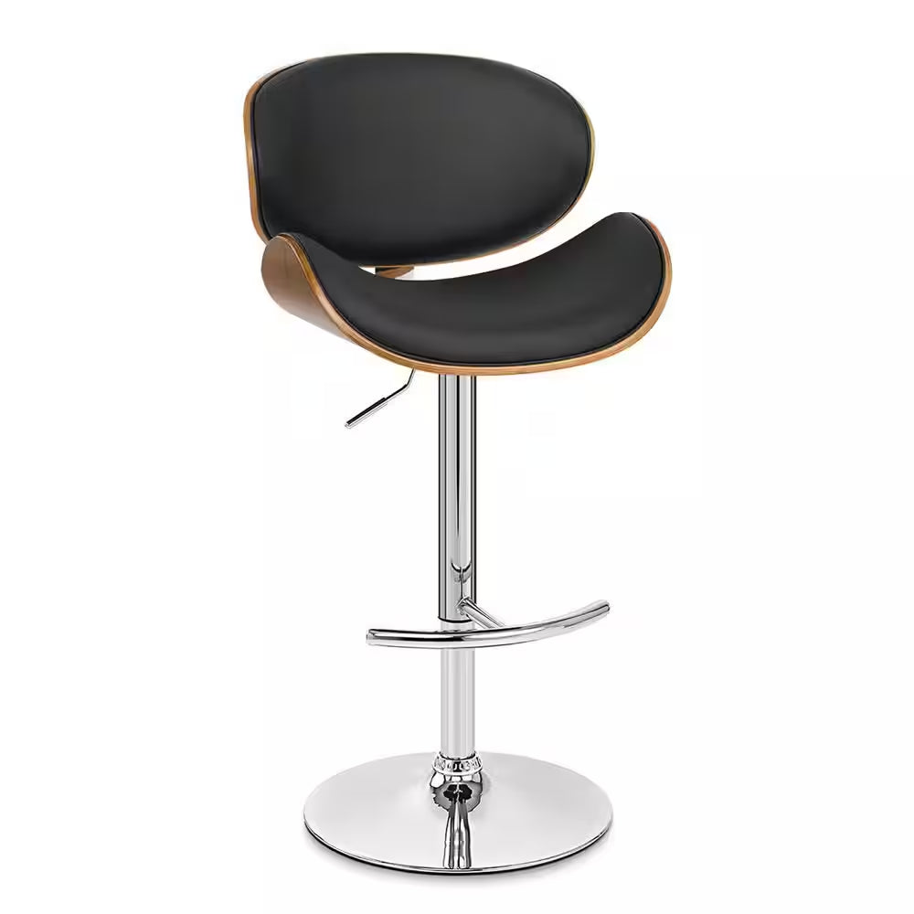 Naples Bar Stool in Chrome with Black Pu Upholstery and Walnut Veneer Back