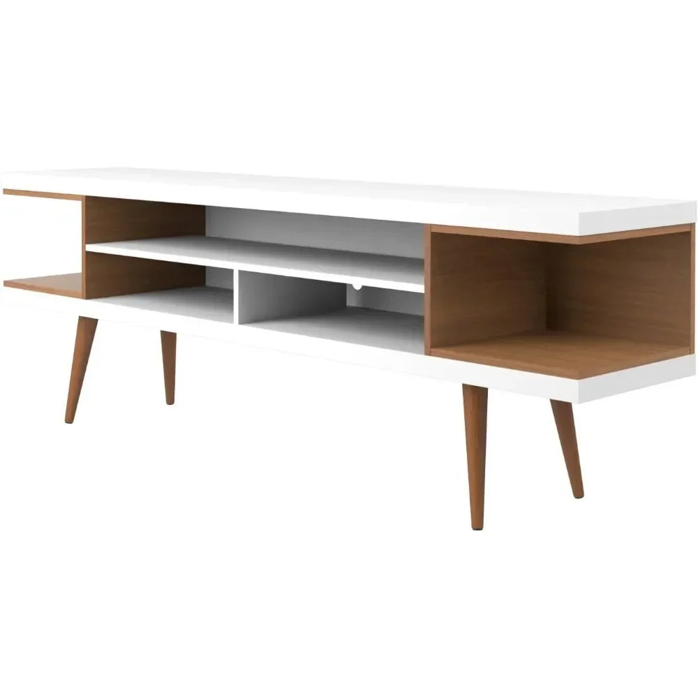 Fontaine Collection | Tapered-Leg Desert-Modern Walnut Media Console - captured in a curated lifestyle vignette in a Mid-Century Modern entryway setting.