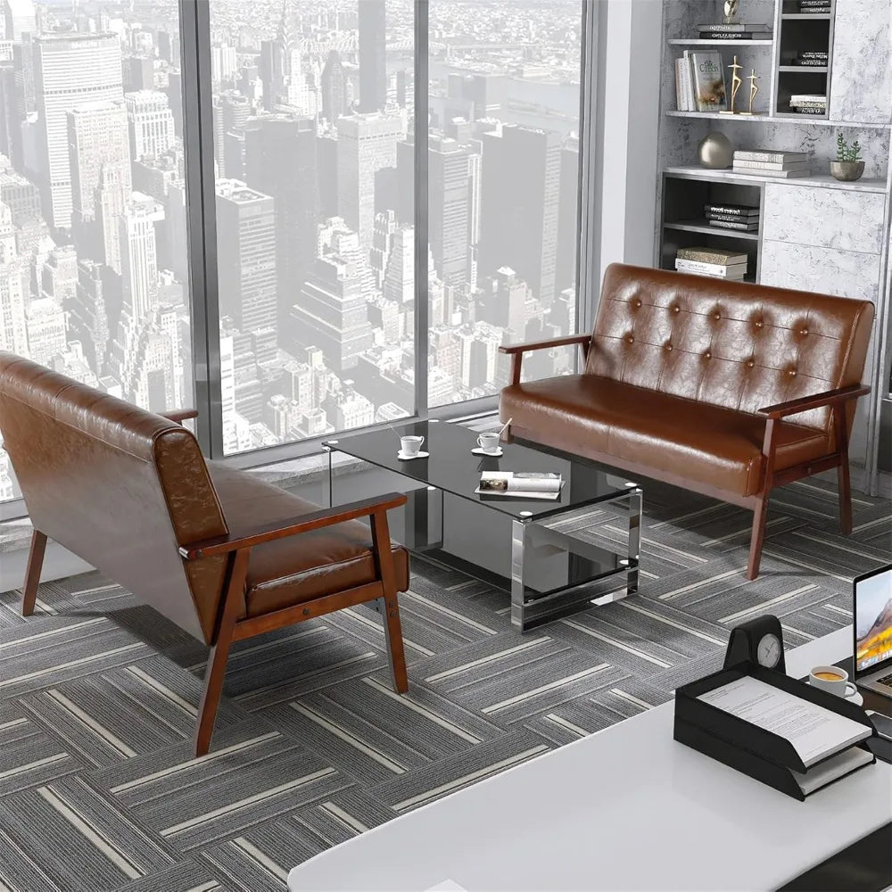 Belmont Collection | Geometric Leather-Wrapped Leather & Walnut Loveseat - presented at scale within a designed interior in a Mid-Century Modern living room setting.