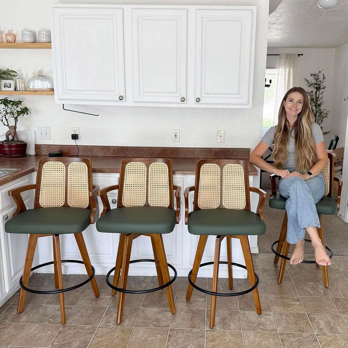 Ellington Collection | Pedestal Curved Walnut Swivel Bar Stool - captured in a curated lifestyle vignette in a Mid-Century Modern dining room setting.