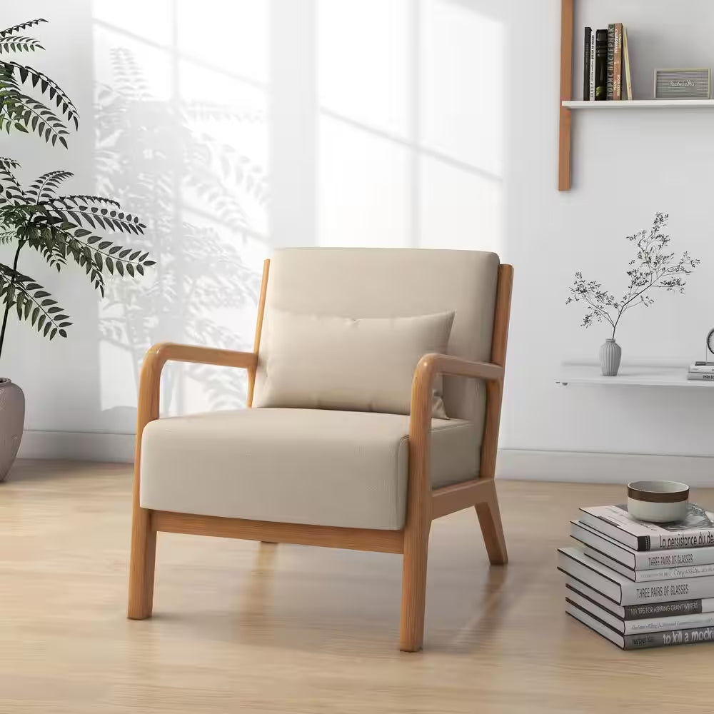 25.78 In. W Modern Beige Wood Frame Cotton and Linen Upholstered Accent Armchair (Set of 1)