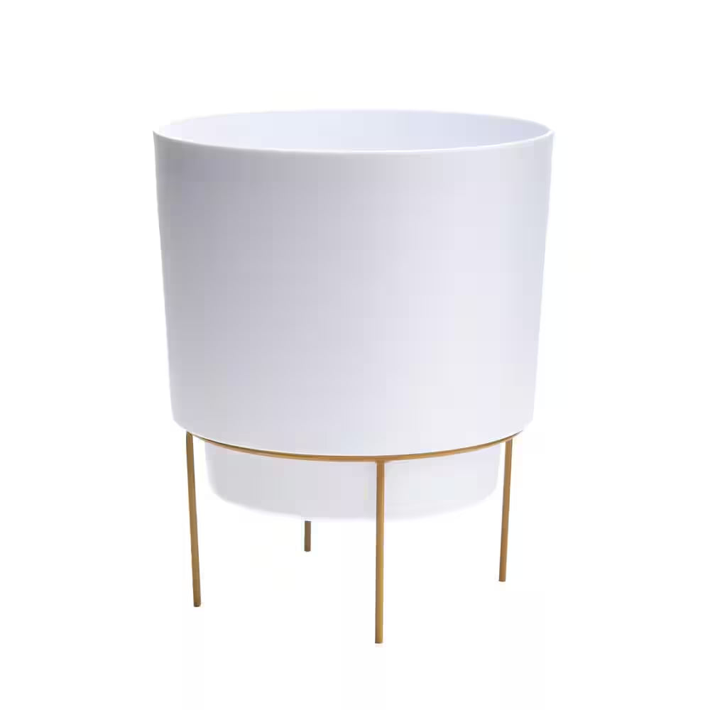 Hopson Medium 10 In. Casper White Plastic Planter with Metal Gold Stand
