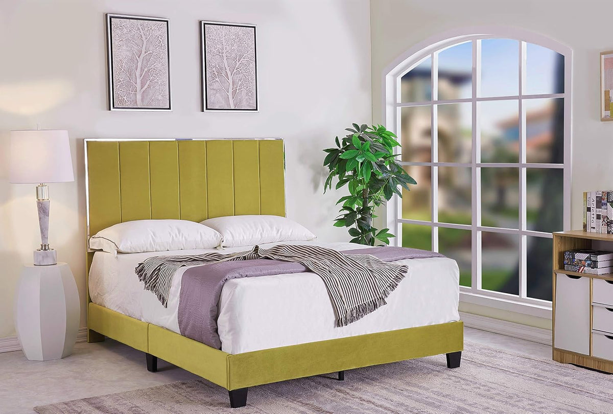 Ronona Mid Century Modern Upholstered Platform Bed, Queen Size, 83.25", Golden Yellow