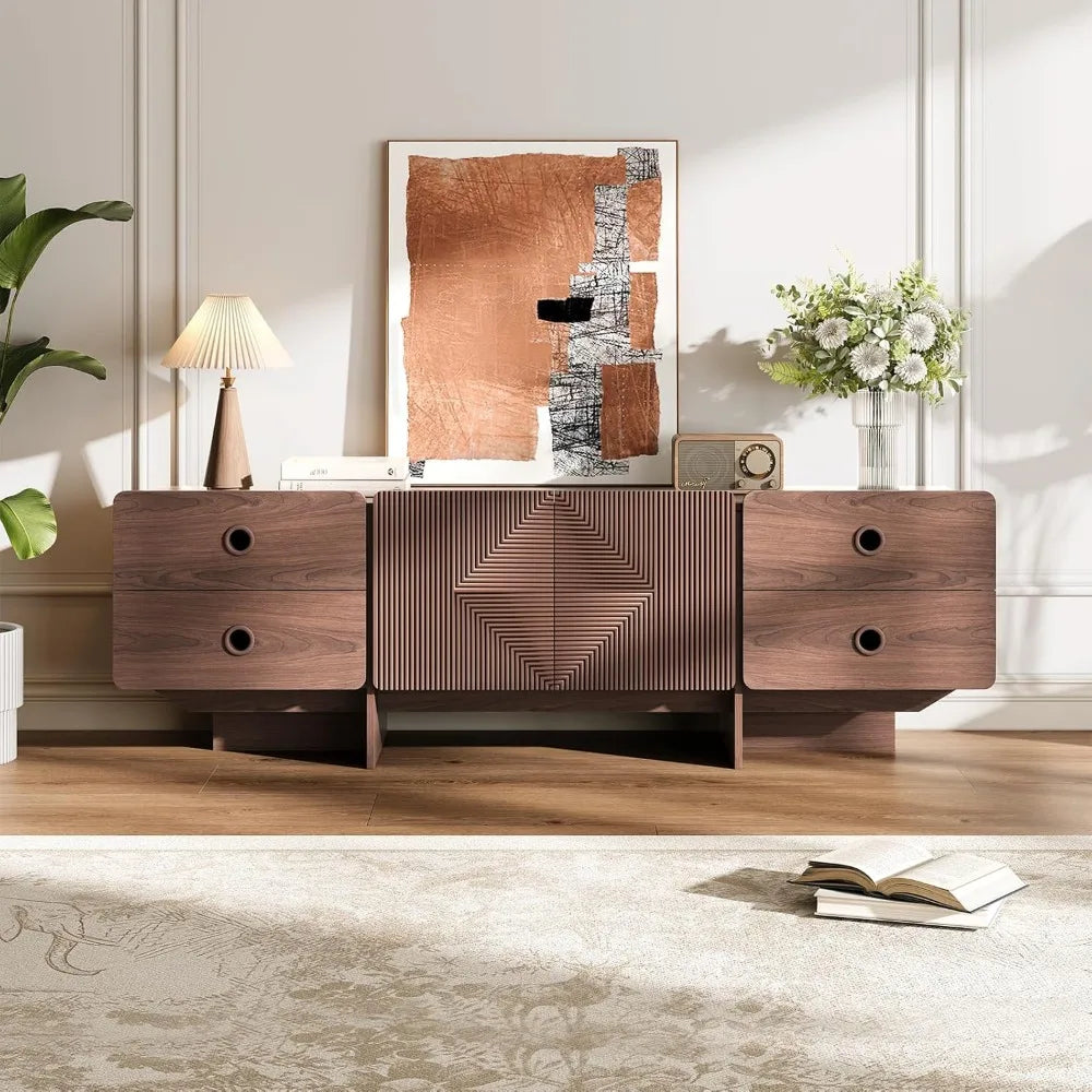Dresden Collection | Grand Display Walnut Console - styled from an alternate angle revealing dimensional depth in a Mid-Century Modern entryway setting.