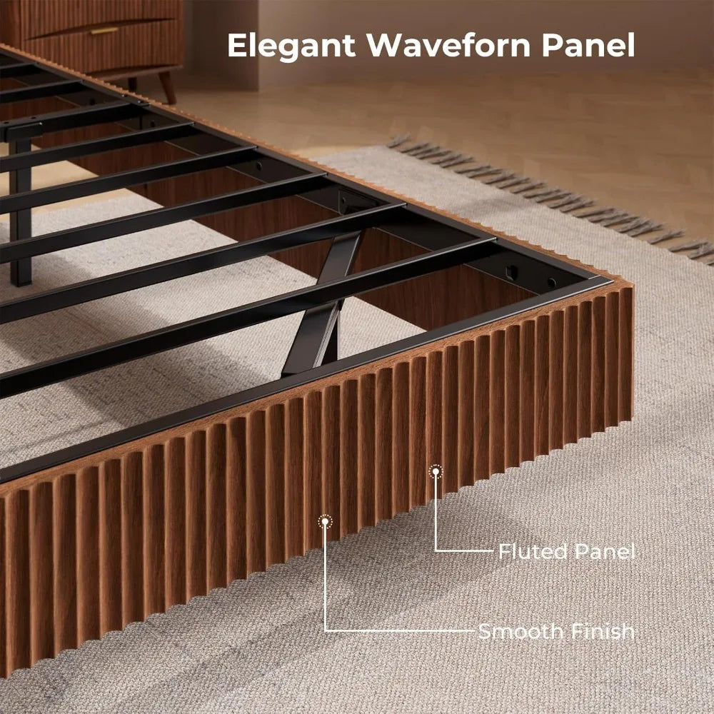 Dresden Collection | Fluted Steel-Framed Walnut Platform Bed - revealing tonal warmth and surface patina under ambient light in a Mid-Century Modern bedroom setting.