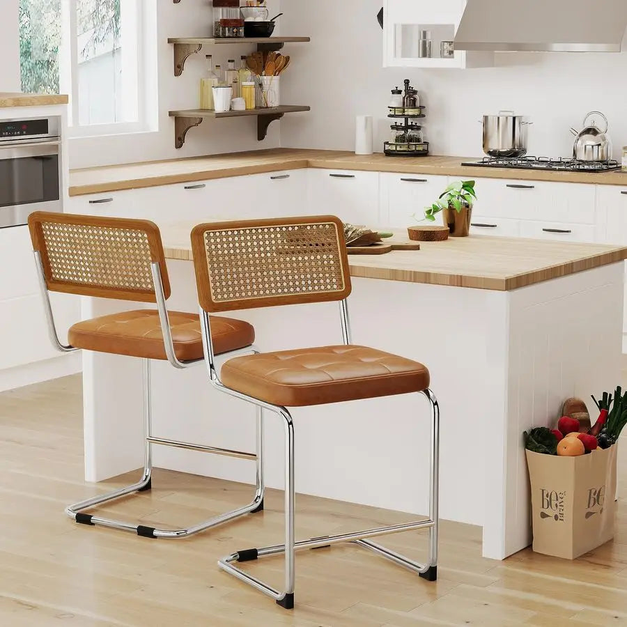 Astoria Collection | Sculptural Rattan-Woven Woven Rattan Bar Stool Set - highlighting material texture and craftsmanship detail in a Mid-Century Modern dining room setting.