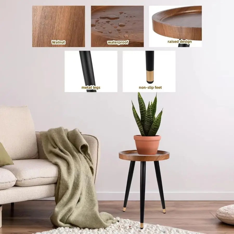 Fontaine Collection | Tapered-Leg Round Walnut Plant Stand - showcasing full sculptural form and curated finish in a Mid-Century Modern living room setting.