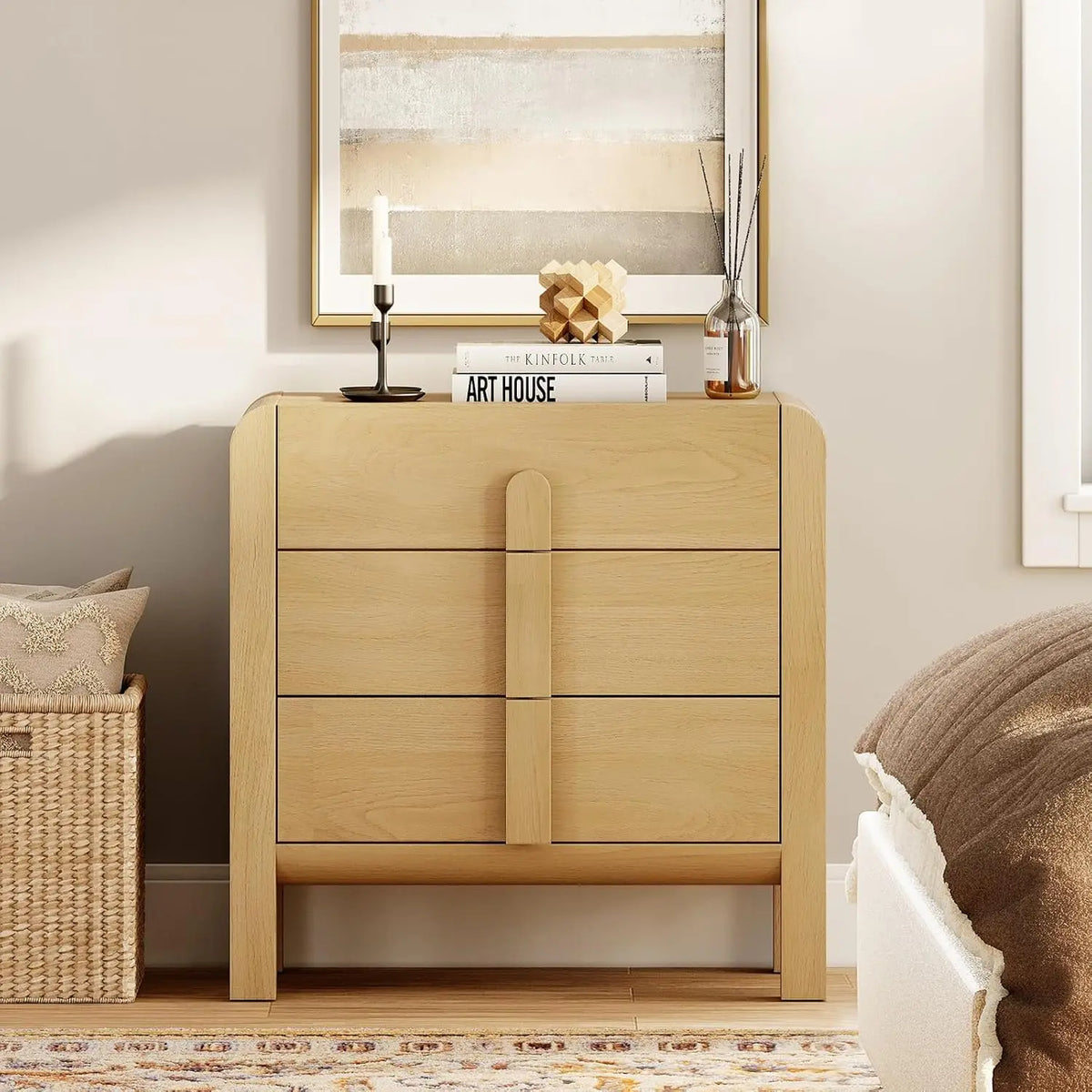 Dresden Collection | Organic-Form Brass-Accented White Oak Dresser - revealing tonal warmth and surface patina under ambient light in a Mid-Century Modern bedroom setting.