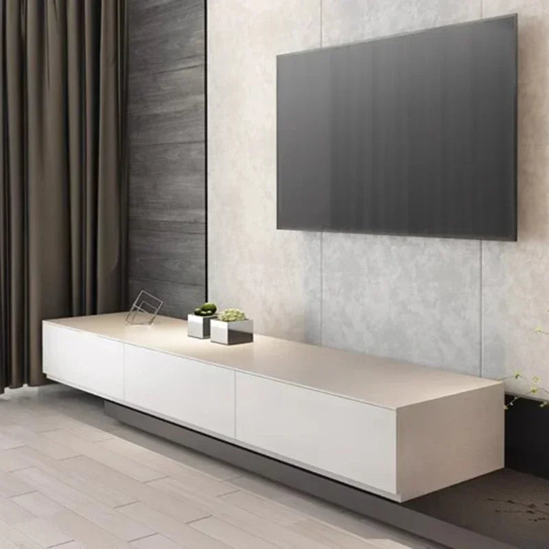 Belmont Collection | Floating Brass-Accented Walnut Floating Media Console - revealing tonal warmth and surface patina under ambient light in a Mid-Century Modern entryway setting.
