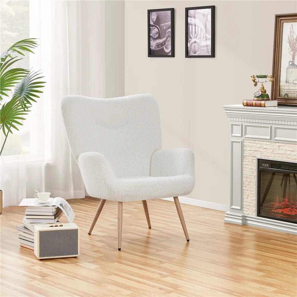 Mid-Century Modern Wingback Accent Chair, White Boucle