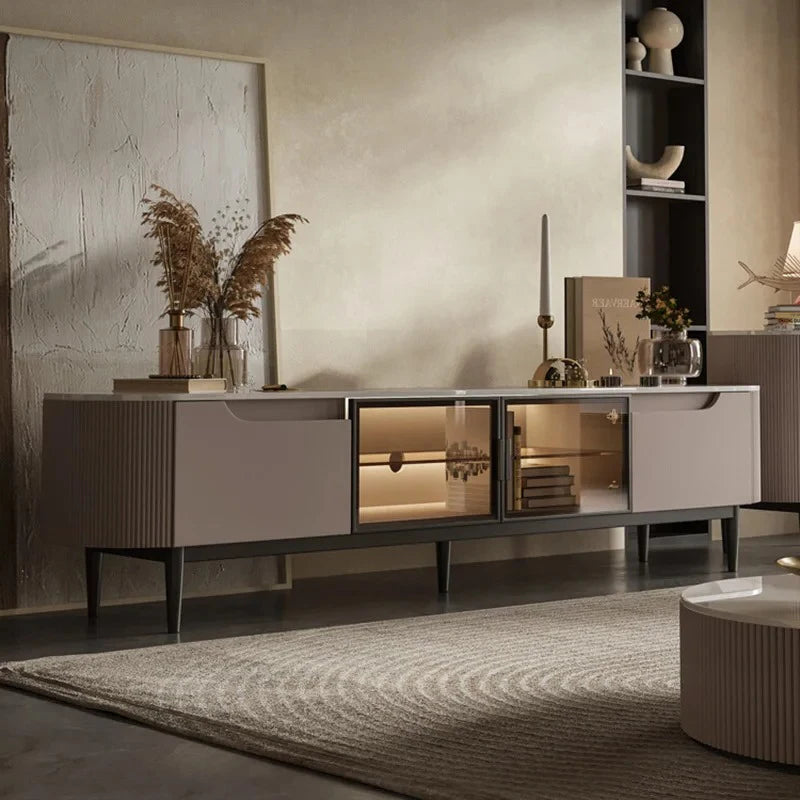 Ellington Collection | Tapered-Leg Brass-Accented Walnut Console - revealing tonal warmth and surface patina under ambient light in a Mid-Century Modern entryway setting.