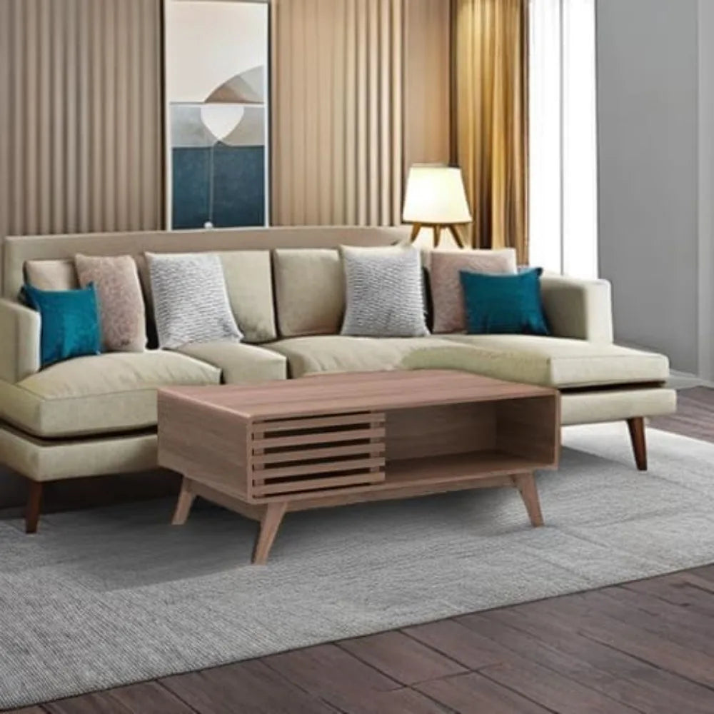Fontaine Collection | Fluted Danish-Inspired Walnut Coffee Table - framed in an editorial still-life composition in a Mid-Century Modern living room setting.