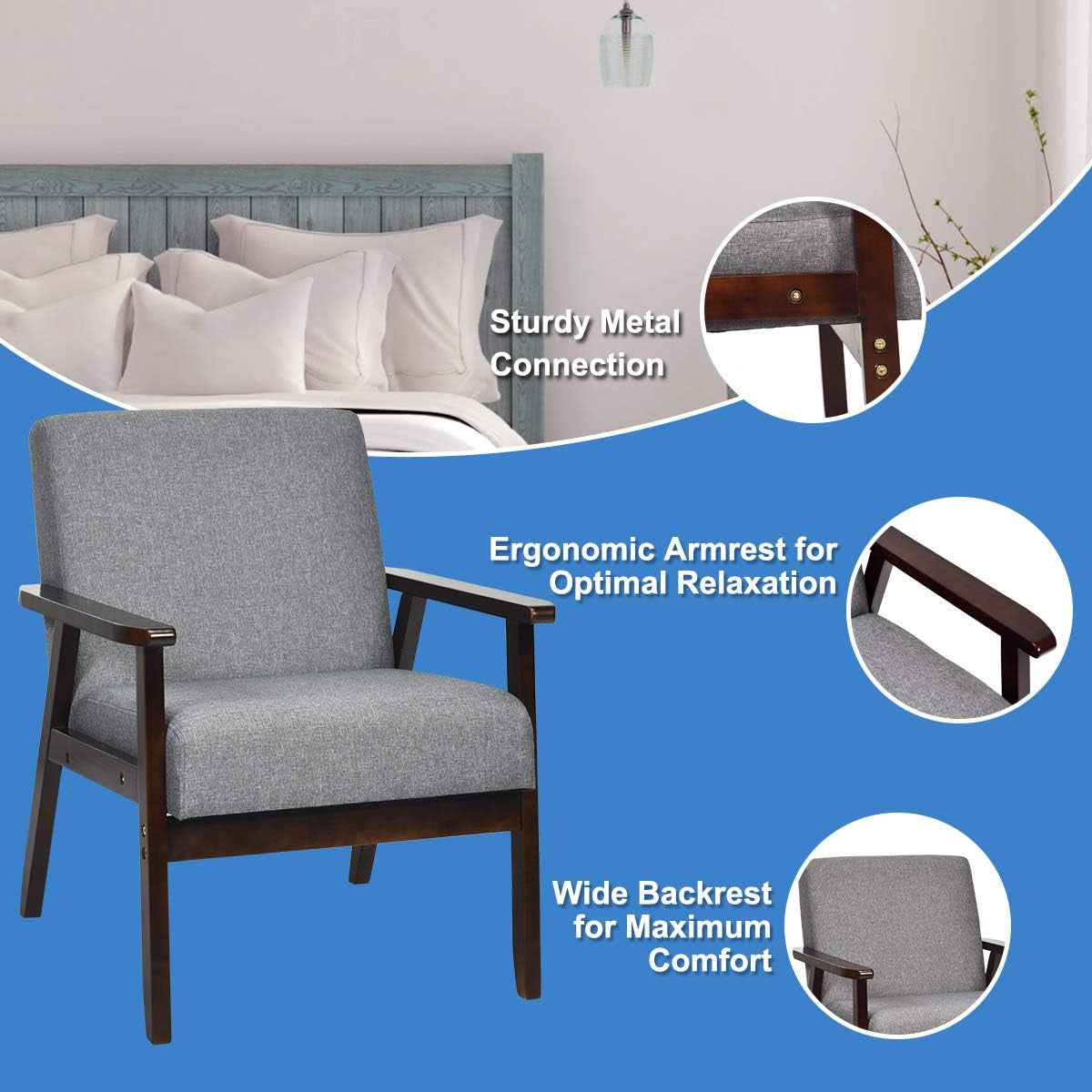 GIANTEX Mid-Century Modern Accent Chair, Retro Fabric Armchair, Solid Hardwood Made, Upholstered Linen Lounge Arm Chair for Living Room (1, Dark Grey)
