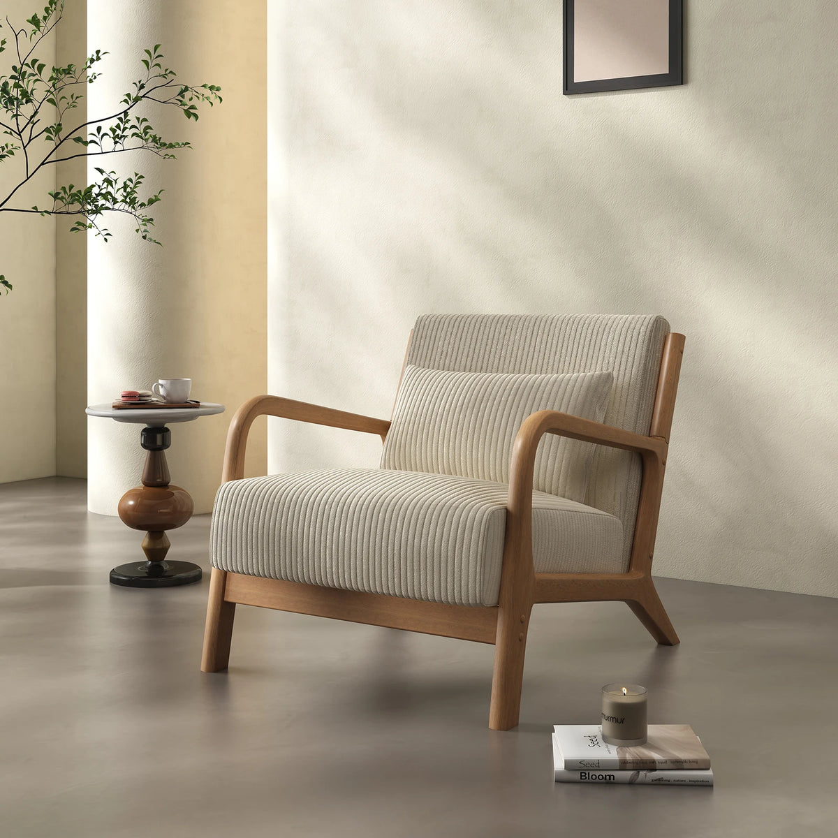 Dresden Collection | Sculptural Velvet-Cushioned Velvet Accent Chair - captured in a curated lifestyle vignette in a Mid-Century Modern living room setting.