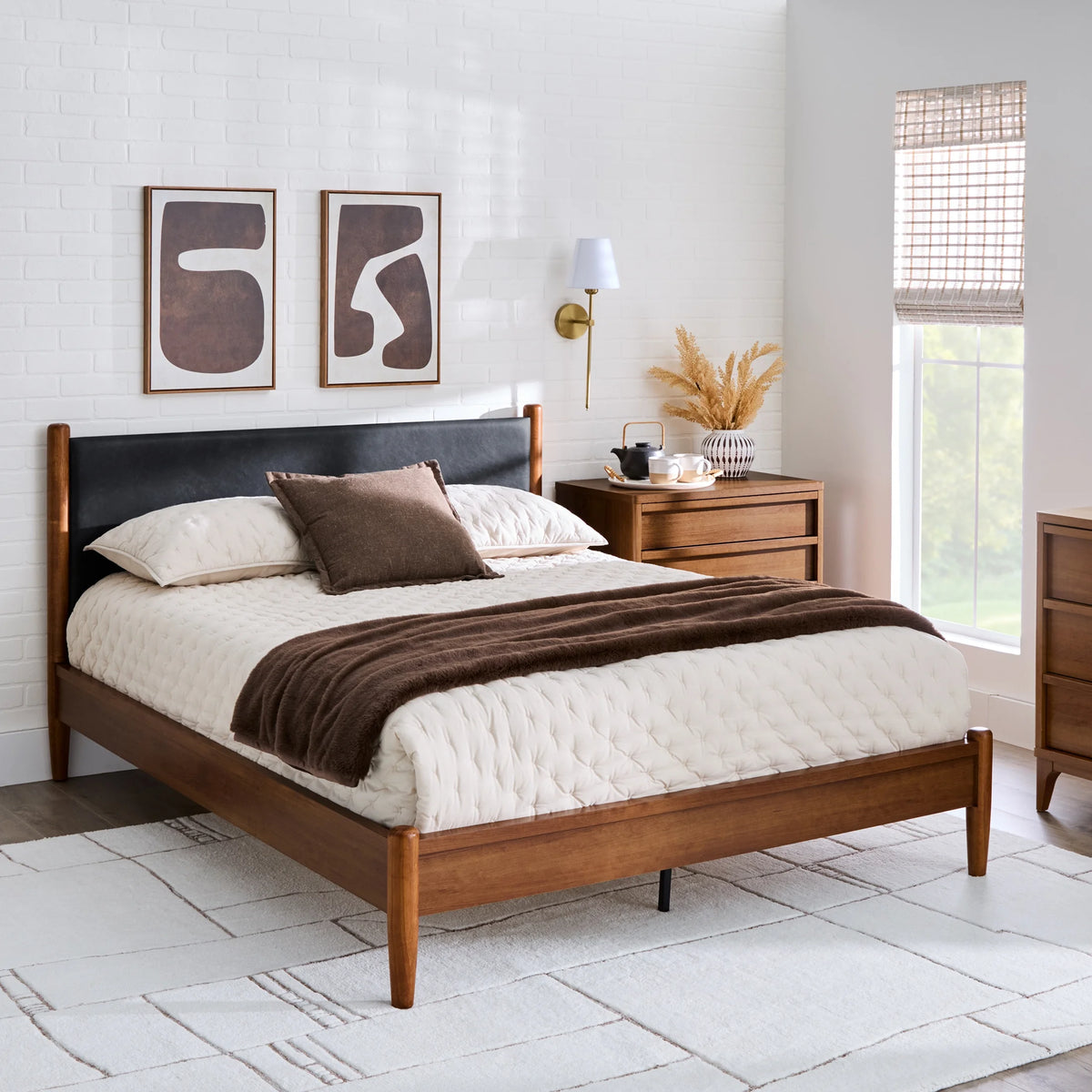 Greyson Queen Platform Bed, Black Faux Leather and Acorn Finish