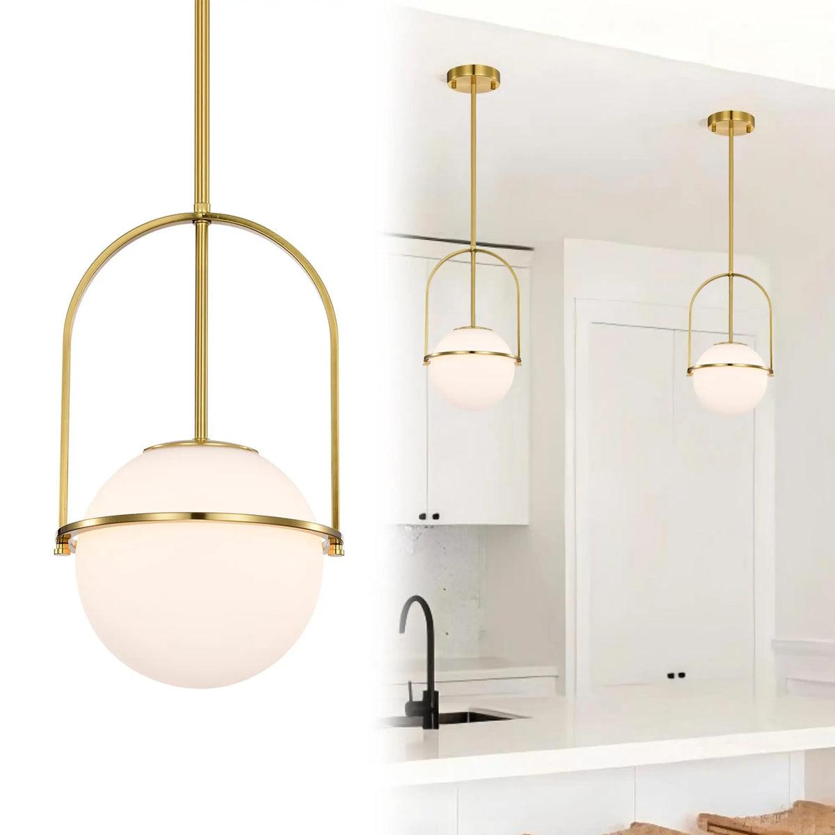 Fontaine Collection | Floating Glass-Topped Frosted Gold Glass Pendant - styled from an alternate angle revealing dimensional depth in a Mid-Century Modern living room setting.