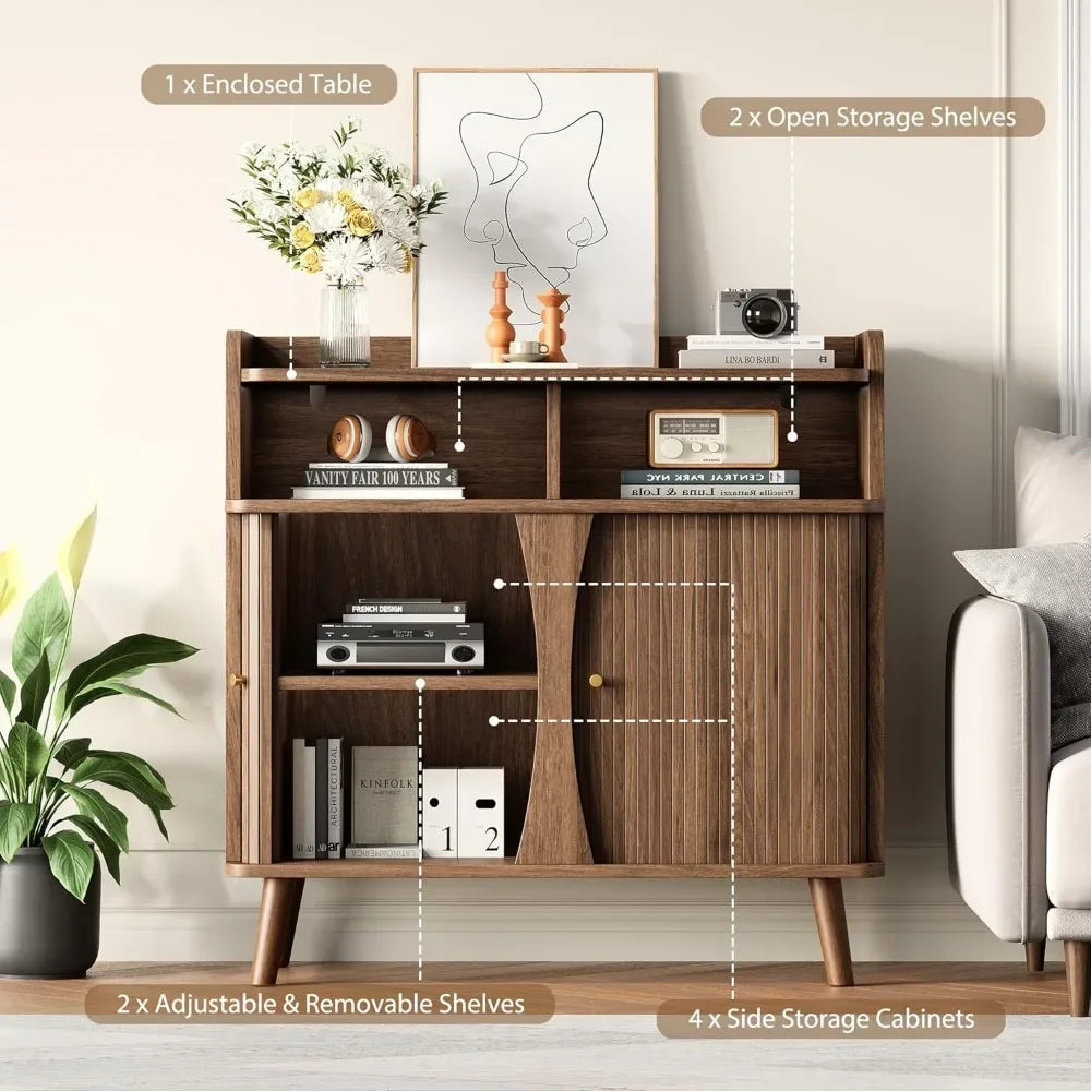 Belmont Collection | Tapered-Leg Brass-Accented Walnut Buffet - featuring close-up joinery and artisanal finish quality in a Mid-Century Modern living room setting.