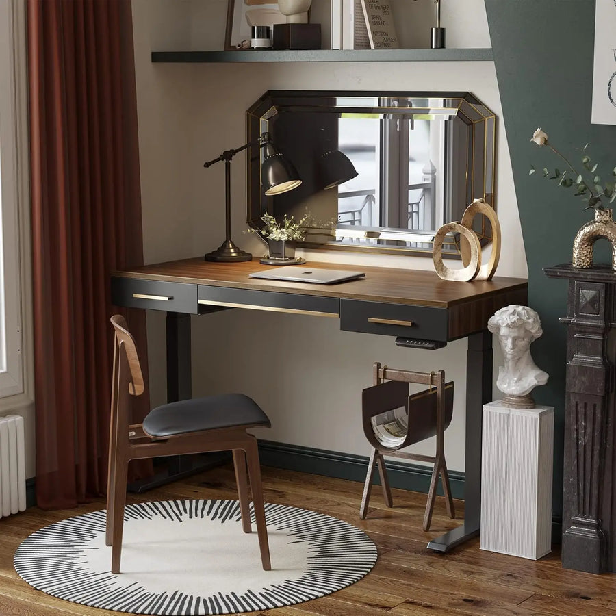 Astoria Collection | Tapered-Leg Brass-Accented Walnut Standing Desk - showcasing full sculptural form and curated finish in a Mid-Century Modern home office setting.
