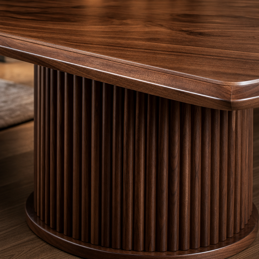 Meridian Collection | Sculptural Round Walnut Racetrack Table - highlighting material texture and craftsmanship detail in a Mid-Century Modern living room setting.