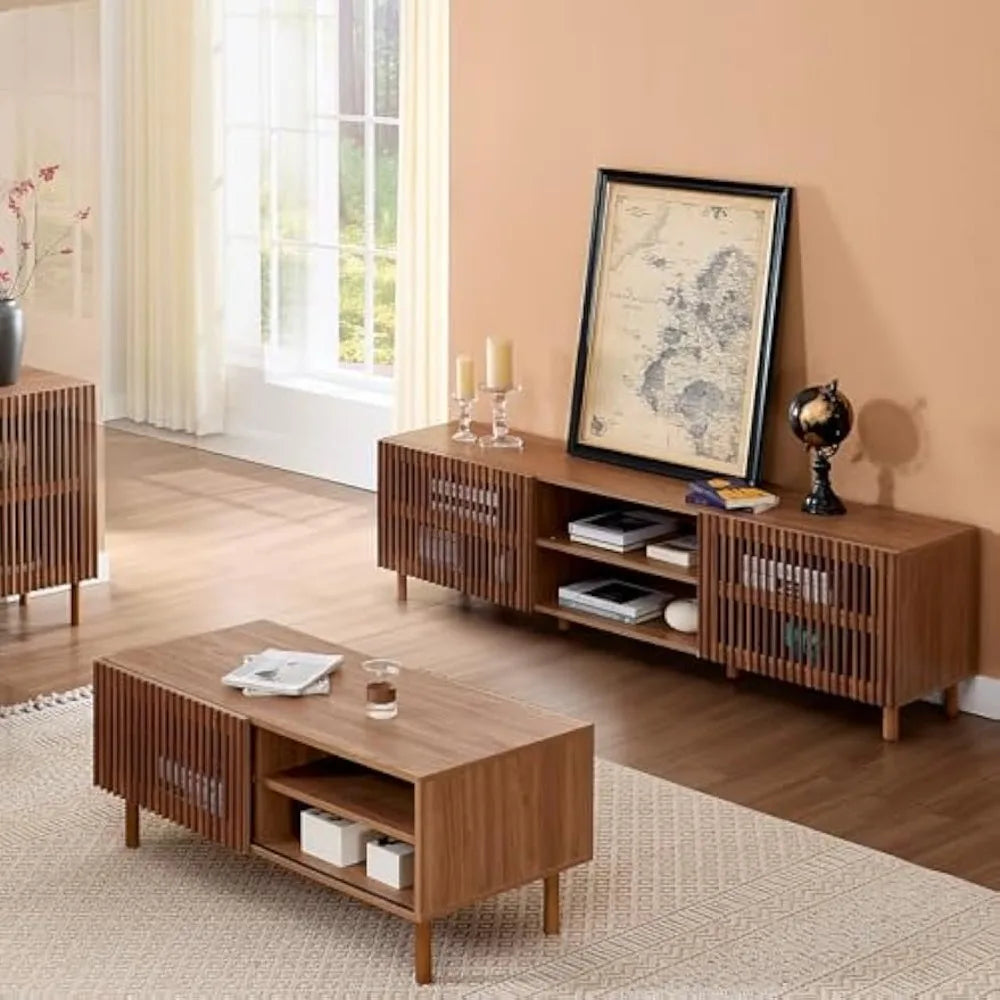 Dresden Collection | Grand Slatted Walnut Media Console - featuring close-up joinery and artisanal finish quality in a Mid-Century Modern entryway setting.