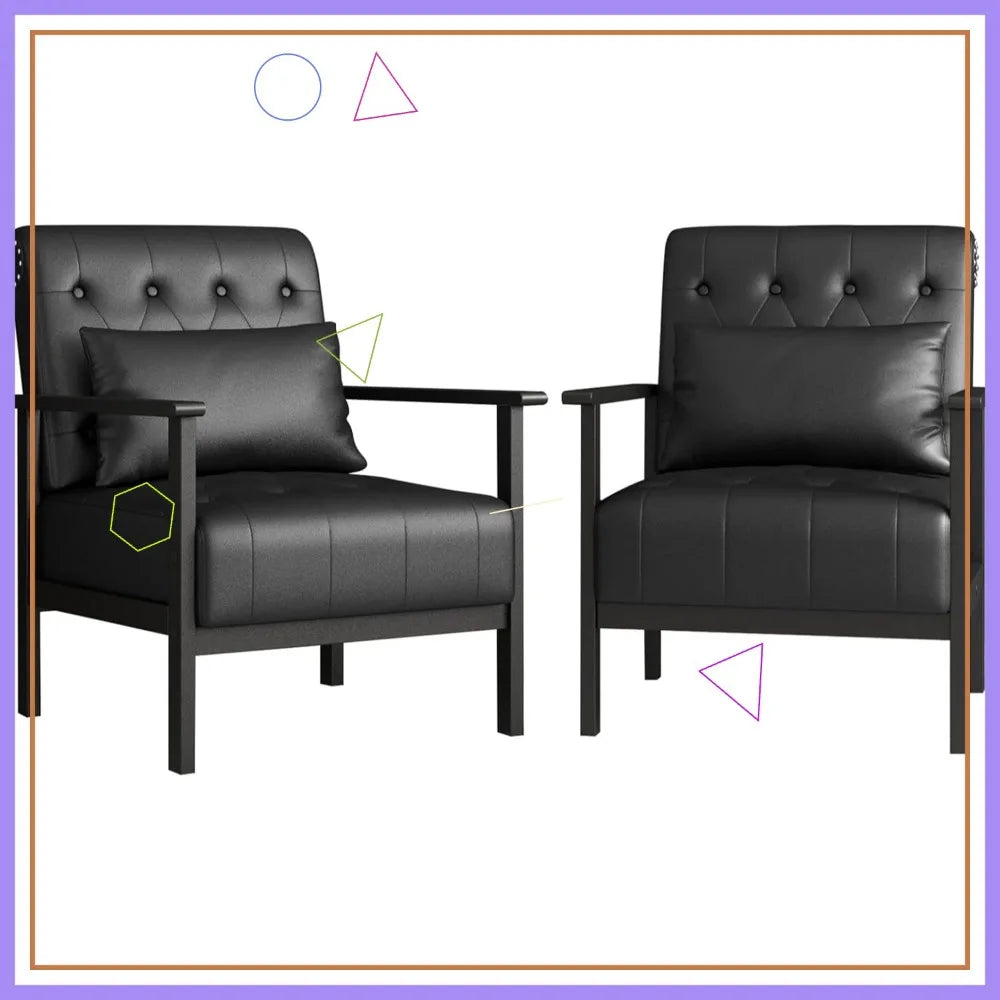 Ellington Collection | Floating Chrome-Detailed Obsidian Leather Accent Chair Set - featuring close-up joinery and artisanal finish quality in a Mid-Century Modern living room setting.